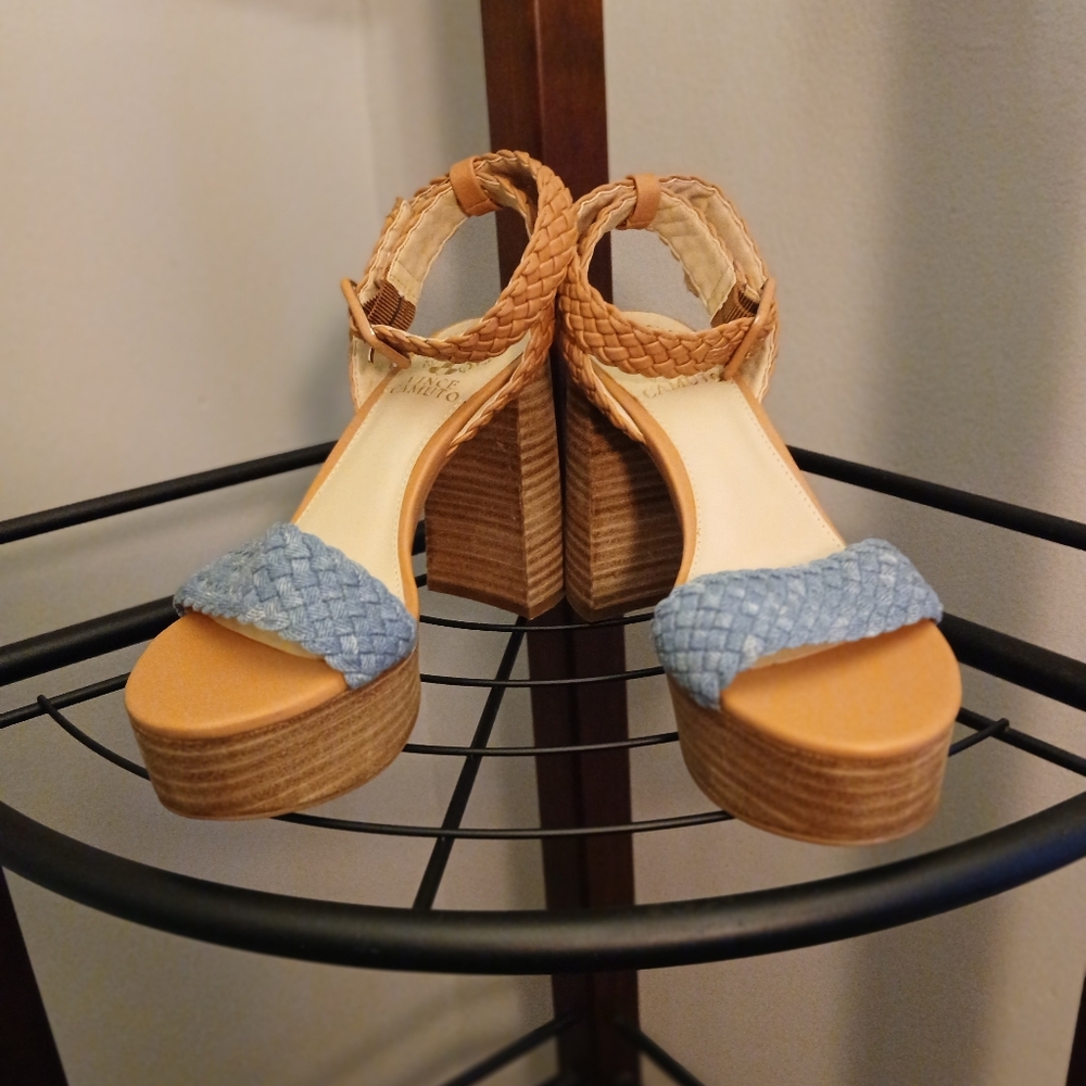 Vince Camuto Tan and Blue Wedge Sandals